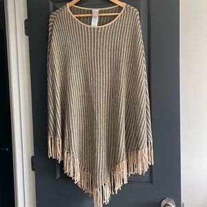 Chicos Fringe Poncho Sweater Womens Large XL Tan Black Gold Shimmer